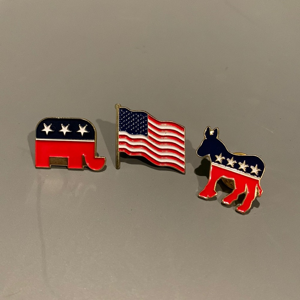 Americana lapel pins. Set of 3. Donkey elephant flag.